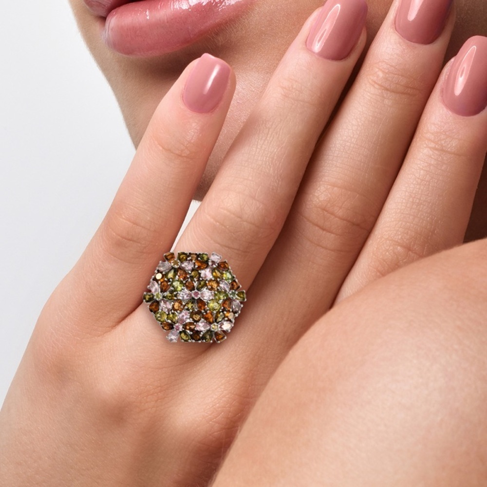 Multi-Tourmaline Floral Ring Platinum Over Sterling Silver 10.10 Grams 11.50 ctw